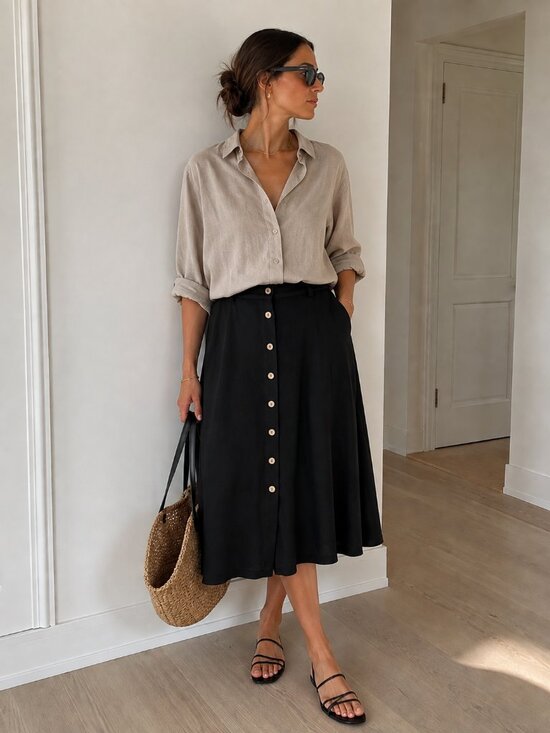 Frank & Oak Dresses & Skirts - FRANK AND OAK Black Linen Blend Button Front Midi Skirt Scandi Chic
